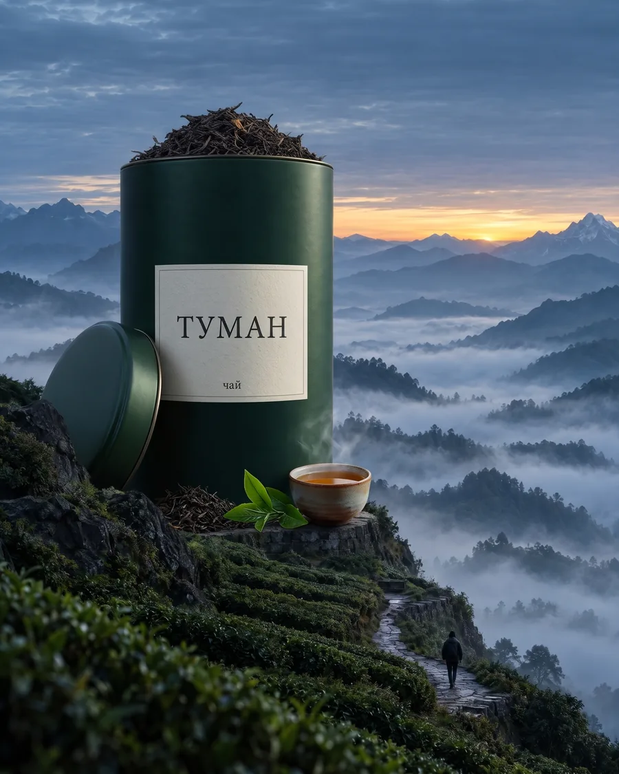 Огромная банка чая «Туман» над чайными террасами, вдали горы в дымке
