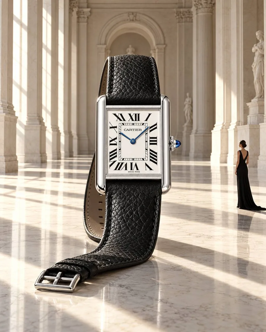 Огромные часы Cartier Tank стоят в мраморном зале с колоннами, вдали женщина в чёрном платье