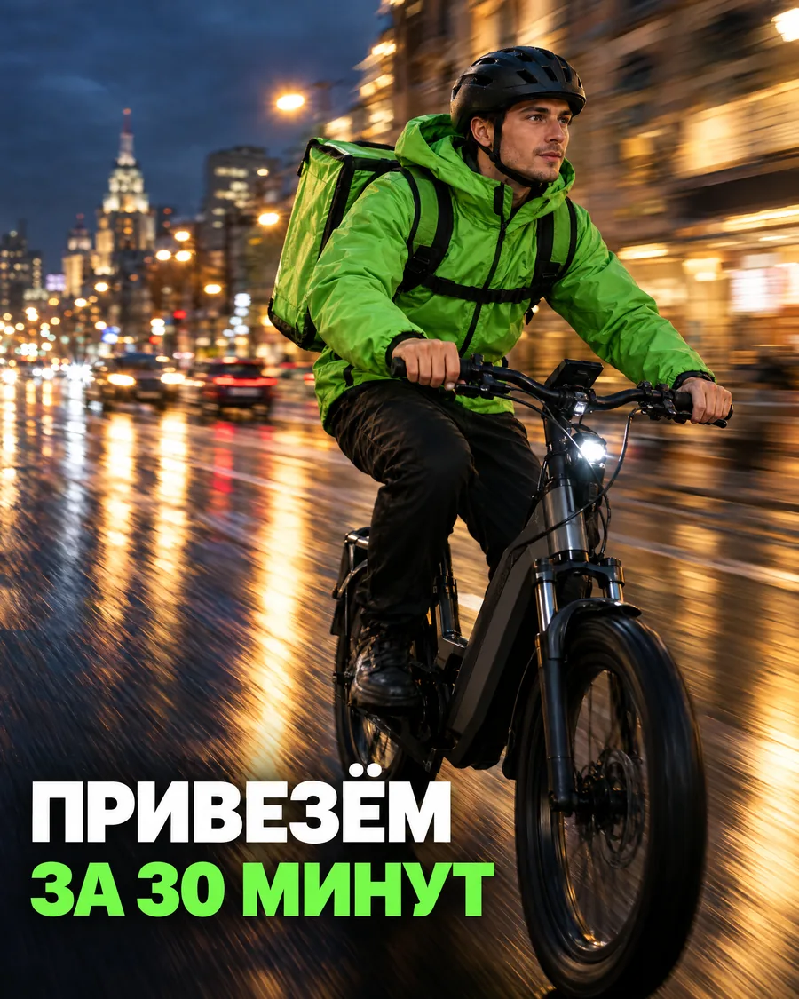Курьер на электровелосипеде едет по ночному городу после дождя, надпись «Привезём за 30 минут»