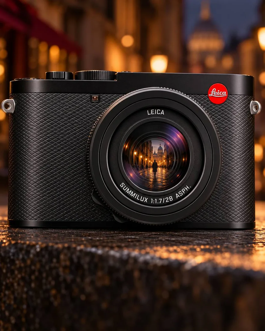 Камера Leica Q на мокром камне, в объективе отражается вечерняя улица