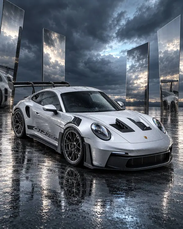 Серебристый Porsche 911 GT3 RS на мокрой площадке среди высоких зеркал под грозовым небом